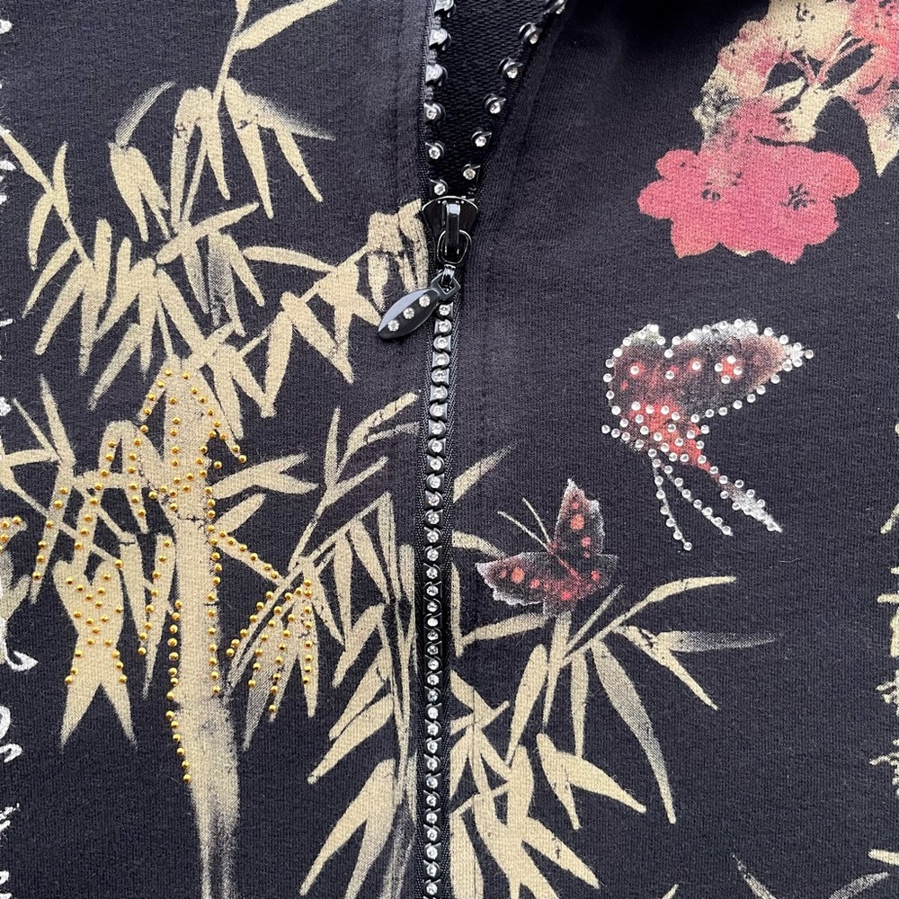 Y2K Cactus Black Bling Floral Bamboo Butterfly Print Lightweight Zip Up Jacket - Picture 8 of 10